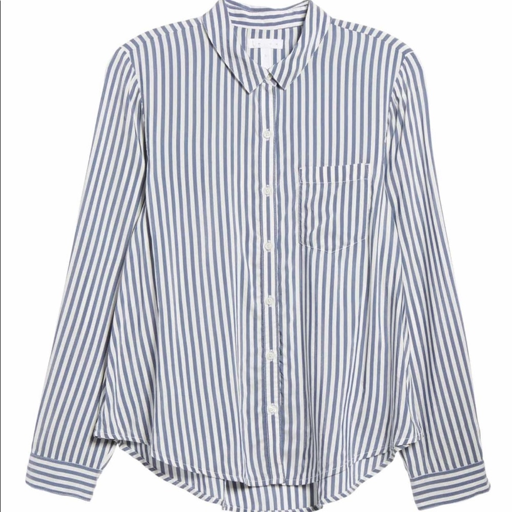 Leith Blue and White Striped Button-Down Top